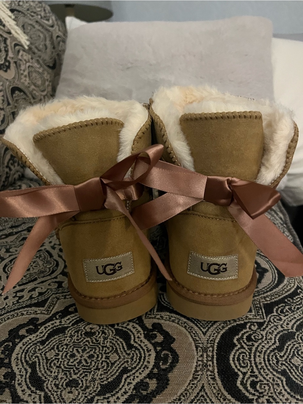 UGG Kids Chestnut Suede Boot with Pink Satin Bows